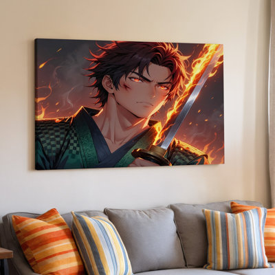 Flaming Katana Anime Warrior For Bedroom Decor Fighter Design Canvas Wall Art Print For Living Room, Bedroom, Office, Hallway, Entryway, Gallery Wall And Modern Home Decor