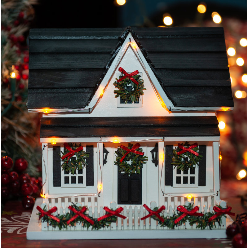 Holiday White and Black LED Light Birdhouse with Wreaths