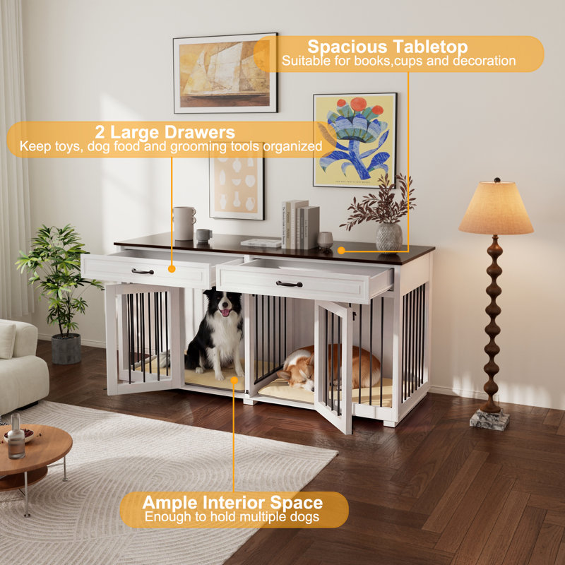 Dog Crate Furniture, 164cm Indoor Wooden Dog Kennel Cage House, Modern Decorative End Table With Double Doors, Drawers, Divider, For Large Medium Breeds