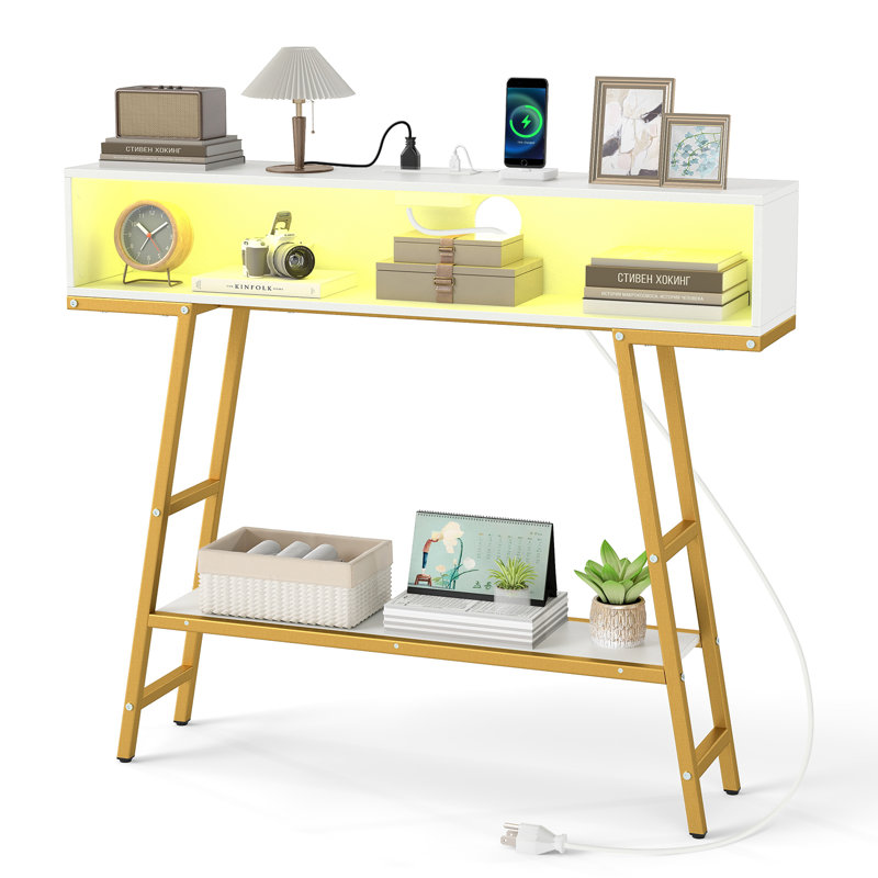 Console de 101,6 cm (40 po) avec prises électriques, table d'entrée à 3 niveaux avec tablette DEL RVB, marron et noir/noir/blanc et or