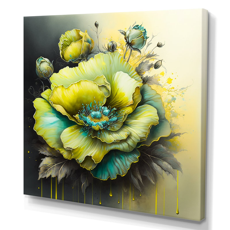 Fleur verte I - peinture sur toile, H 16 po x l 16 po x P 1 po, Toile tendue