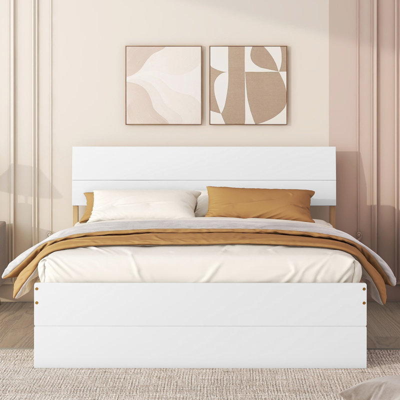 Lit double avec lit gigogne simple et 2 tiroirs de rangement pratiques dans un cadre luxueux en chêne blanc ultrabrillant au fini lustré. Construire. Esthétique contemporaine. Fonction d'espace. Assemblage simple