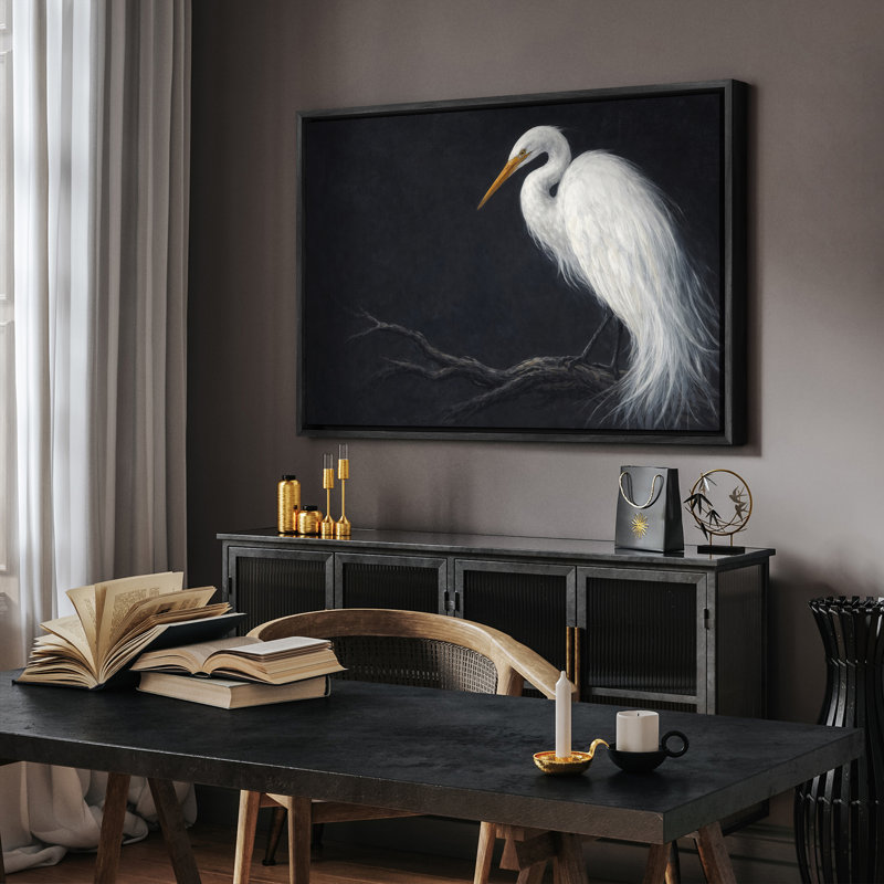 Reproduction d'art encadrée, héron blanc sur une branche sur fond sombre, Noir, H 24 po x l 36 po