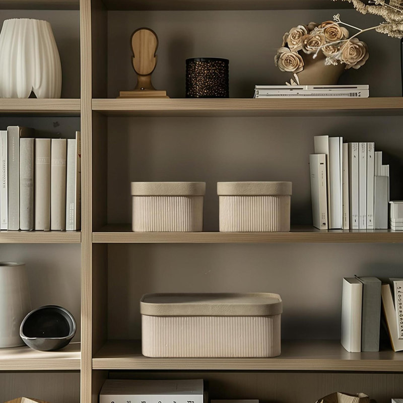 Fluted Cardboard Storage Baskets With Leather-Like Lids, Sturdy Stackable Paper Boxes Decorative Tray,Set Of 3 Ivory