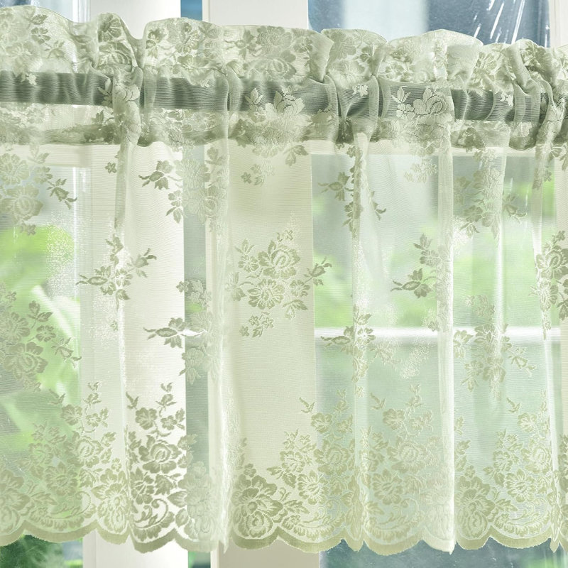 Cantonnière transparente vert sauge clair, 1 panneau, passe-tringle, dentelle fine tombant avec grâce, protège des rayons du soleil, motif floral rustique vintage