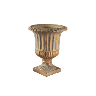  Antique Gold Ribbed Cement Urn Vase, European Style Decorative Flower Pot For Classic Or Rustic Home Décor, 10" Diameter & 12.3" Tall