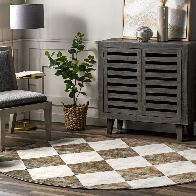 Kimara Checkered Fringe Area Rug, Oval 6'7" x 9', Brown/Beige