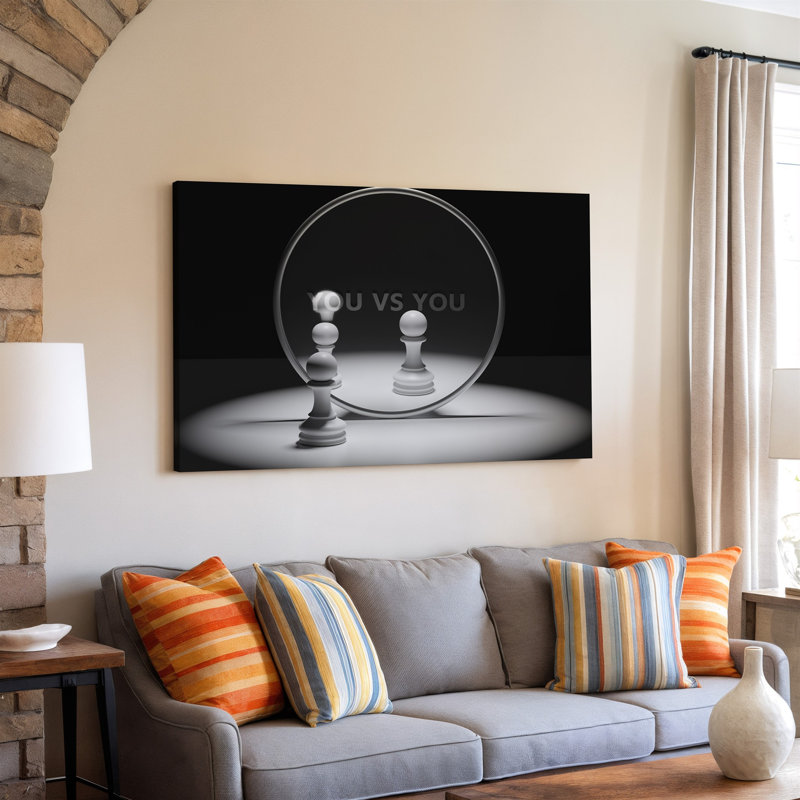Toile, une scène minimaliste avec un fond sombre réfléchissant et un art mural, grand miroir circulaire au centre de la toile