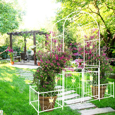 Cream White Metal Garden Gate Arch, 79.5"X86.6", Improves Outdoor Attraction Arch With Gate, Creamy White, Beautifies Scene
