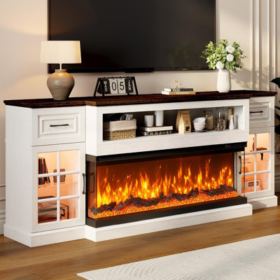 Meuble télé 81 po avec foyer électrique à 3 côtés de 50 po, centre de divertissement à DEL pour téléviseur de 90 po ou moins, console multimédia avec armoires de rangement et tiroirs pour le salon, la chambre à coucher