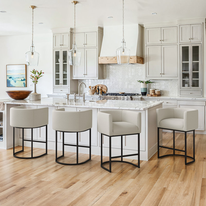 27"Upholstered Counter Stools With Curved Barrel Back, Metal Frame And Footrest, Light Gray Linen Seat/Black Frame