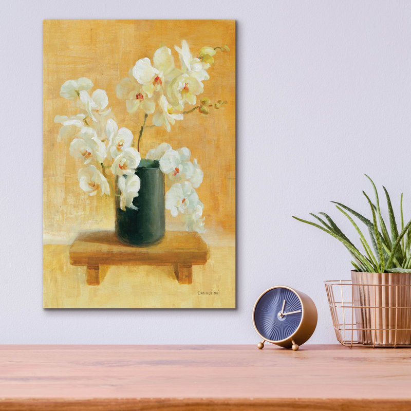 Art mural en verre «White Orchids In Black Vase» par Danhui Nai, H 16 po x l 12 po x P 0,13 po
