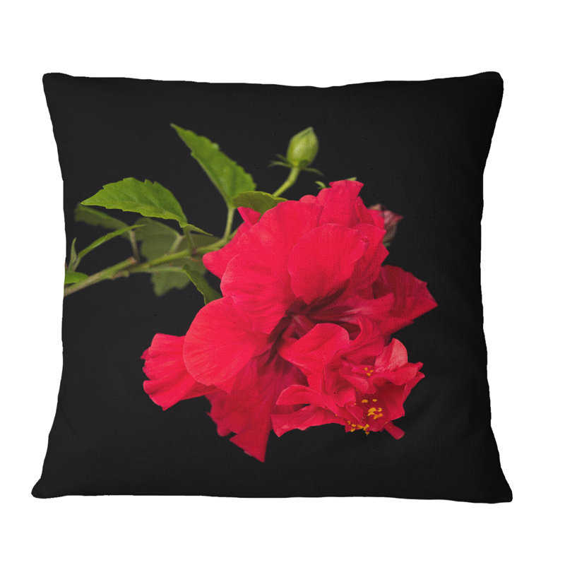 Hibiscus rouge vif sur fond noir - coussin à imprimé floral, 20" x 20", Coussin décoratif