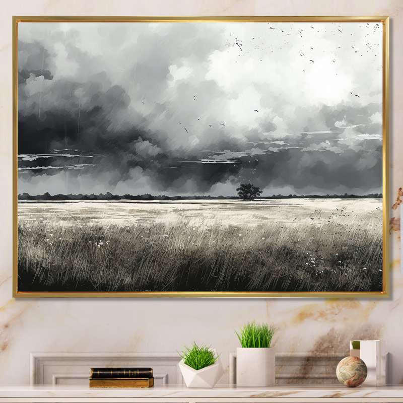 «Gray Storm Meadow Charm», reproduction sur toile, Cadre flottant doré, H 24 po x l 32 po x P 1 po