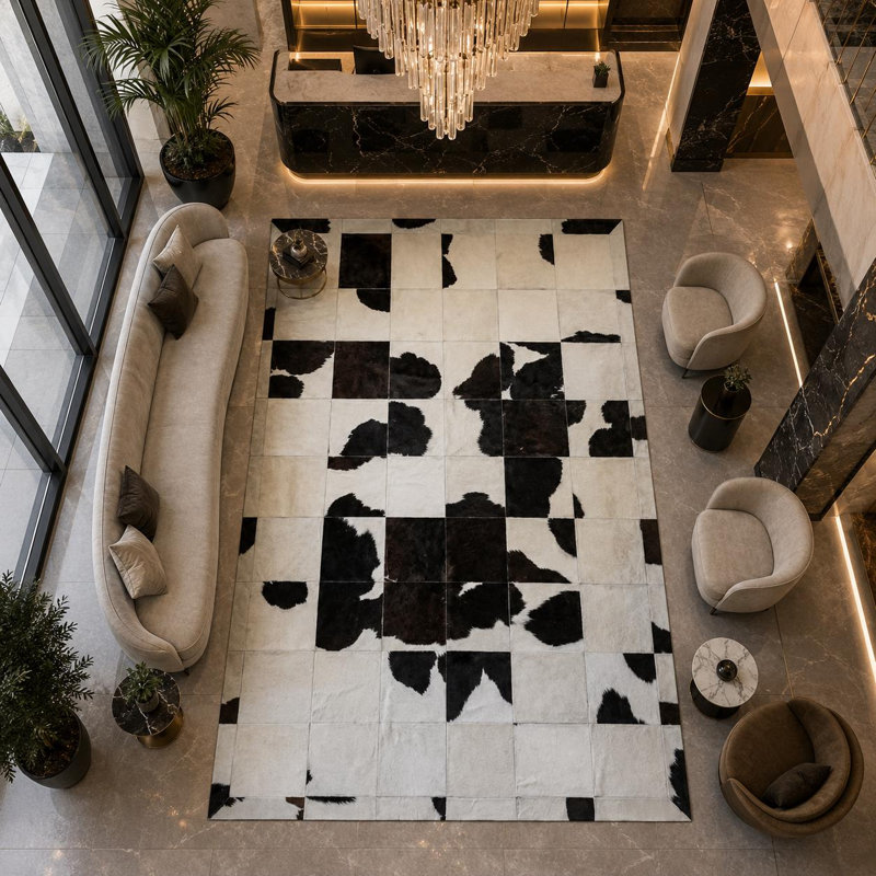 Tapis en cuir de vache noir et blanc fabriqué à la main, tapis en cuir géométrique, 5 x 8 pi