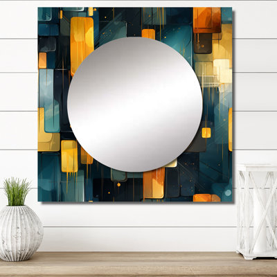 Jaune et bleu sarcelle abstrait géométrique Fusion II - miroir mural carré moderne pour la chambre à coucher