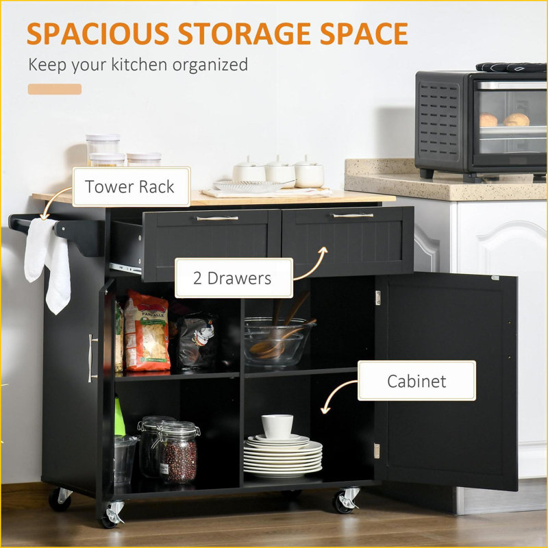 Kitchen Island 41'' Modern Rolling with Storage Drawers Rubberwood Top | Black | MDF, Black