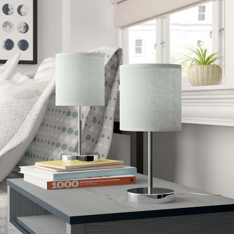Amandev Simple Designs Mini Basic Table Lamp with Drum Fabric Shade, Slate