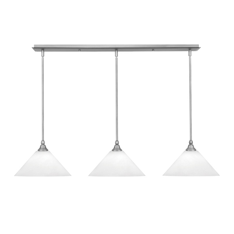 Luminaire suspendu linéaire à 3 lumières avec verre bullé, Marbre blanc, H 8 po x l 45,25 po x P 12 po , Nickel brossé
