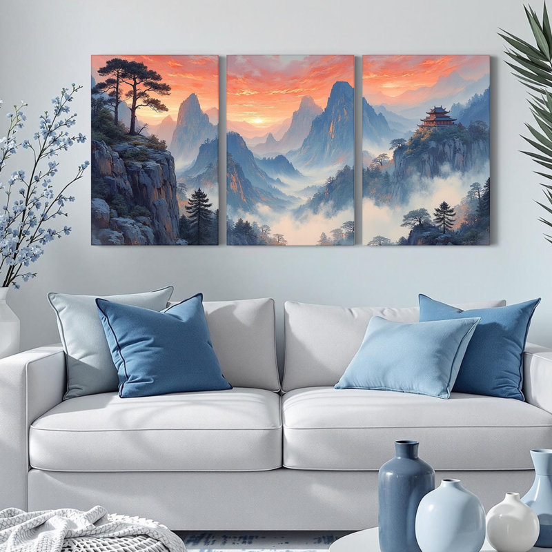 Paysage de montagne coucher de soleil sur toile tendue, reproduction de peinture à l'huile (ensemble de 3), H 30 po x l 60 po