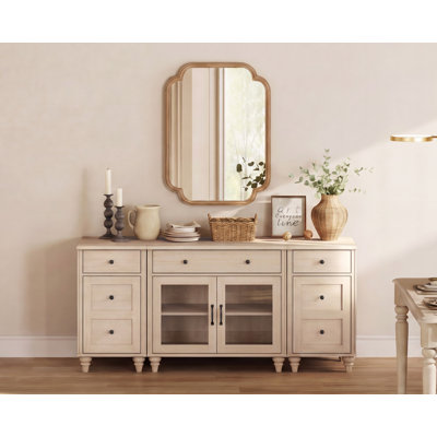 Farmhouse Buffet Cabinet with Drawer, Glass Doors and Charging Station, 67 inch, Rustic White