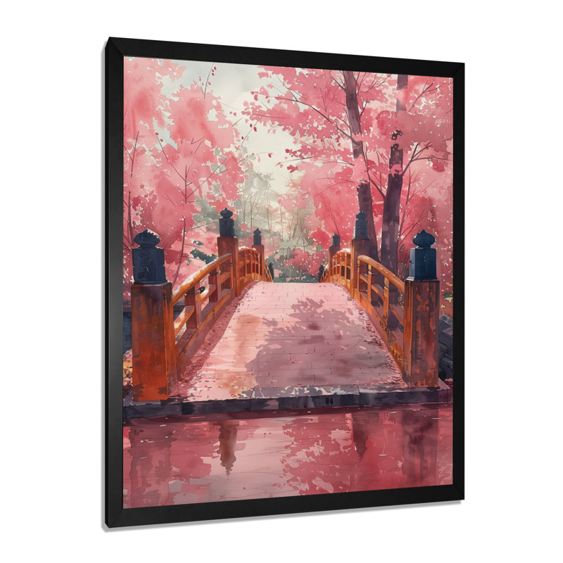 Pont rose de printemps rose sur fond de rêves - art mural, Cadre simple noir, H 34 po x l 44 po