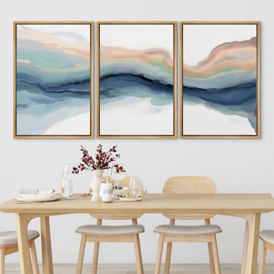 «Pastel Watercolor Blue Paint Stroke Abstract Landscape», reproduction d'art sur toile encadrée, décoration murale