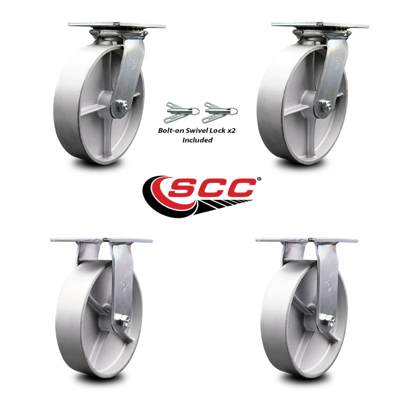 8 Inch Semi Steel Caster Set with Roller Bearing 2 Swivel Lock and 2 Rigid SCC