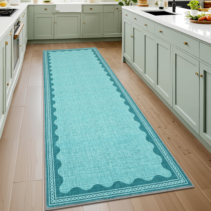 Tapis festonné et lavable pour tapis de chambre à coucher moderne, Sarcelle, Tapis de couloir 2 pi 6 po x 8 pi