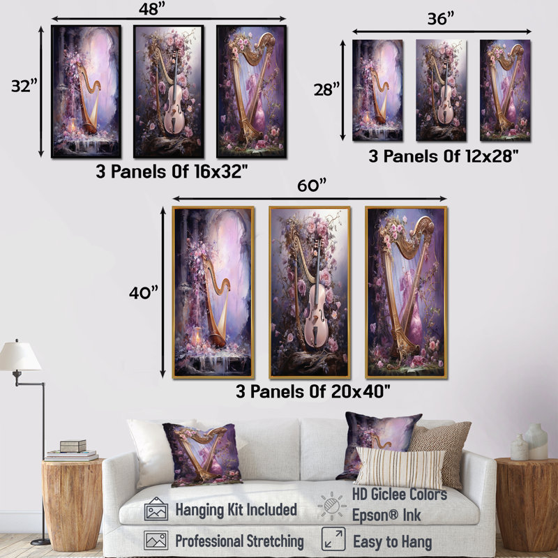 «Lyre Lore Mythical Mauve», ensemble de 3 reproductions d'art sur toile, H 28 po x l 36 po, Cadre flottant noir