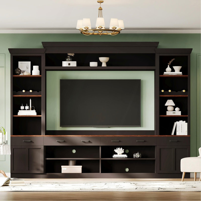 Ensemble de meuble audio-vidéo Farmhouse 4 pièces avec bibliothèque pour téléviseur de 70 po ou moins, meuble télé en noyer avec tablettes réglables, grande console média Mid-Century avec support à vin pour le salon