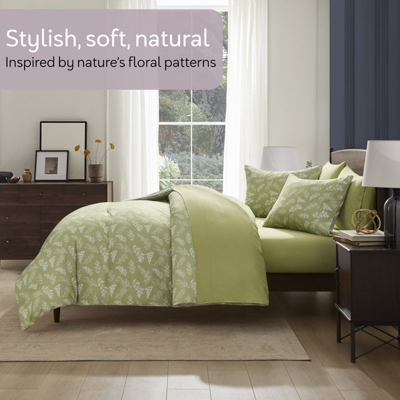 Nestl Botanical Bed in a Bag 7 piece Comforter Set with Sheets & Pillow Shams, Sage Green/Off White