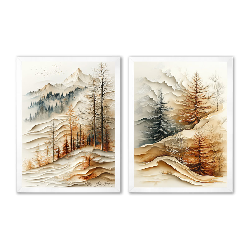 Couches de montagnes tranquilles aux pins oranges - Impressions sur toile en 2 parties, 32" H x 48" W, White Picture Framed