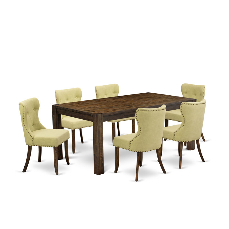 7 Piece Dining Table Set Consist of a Rectangle Rustic Wood Dining Room Table and 6 Limelight Linen Fabric Upholstered Chairs, Distressed Jacobean