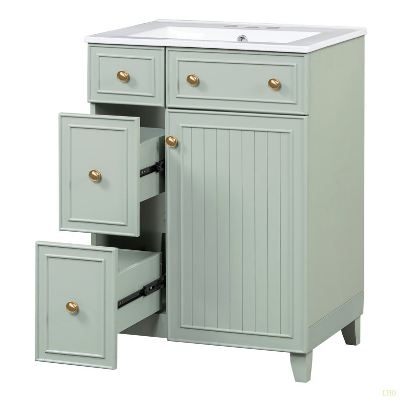 Armoire de meuble-lavabo 24 po avec lavabo en céramique, 2 tiroirs, 1 porte, Vert / doré