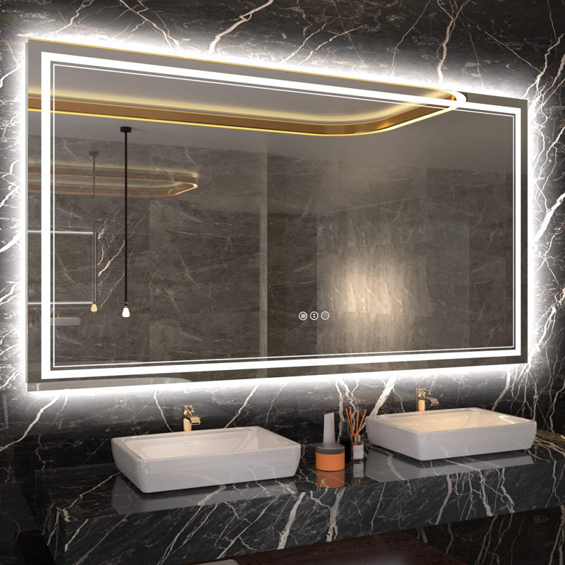 Miroir de salle de bain sans cadre à DEL, miroir intelligent, rétroéclairé RVB, 55 po x 36 po, Horizontale
