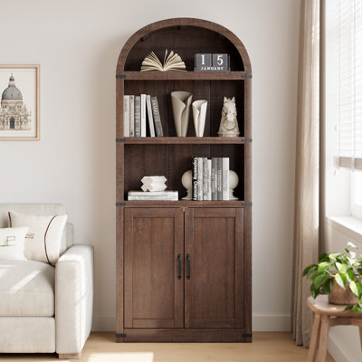 71.65" Tall Arched Bookcase with Doors - Farmhouse Wooden Cabinet & Shelves, Metal Protection for Office, Living Room