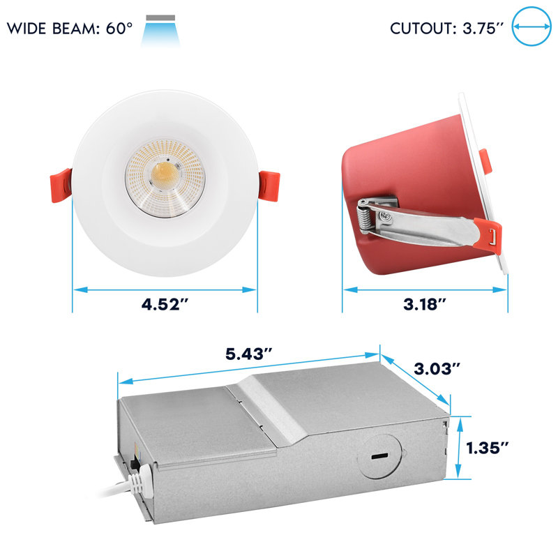 Paquet de 6 luxes 4 lumières DEL encastrées J-Box 5CCT 2700K-5000K à intensité variable, 15 W, 1000 lumens, intensité variable 60 ° C, Wet classé, ETL