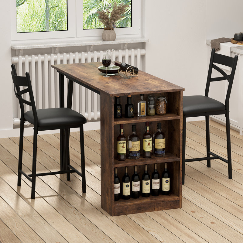 Brown 3-Piece Counter Height Bar Table Set for Kitchen Pub, 2 Upholstered Chairs & 3-Tier Shelves, Brown