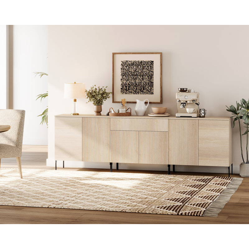 94.5" Modern Reeded 6-Door Sideboard With Drawers, 3-In-1 Wooden Credenza Storage Cabinet For Kitchen, Dining Room, Beige