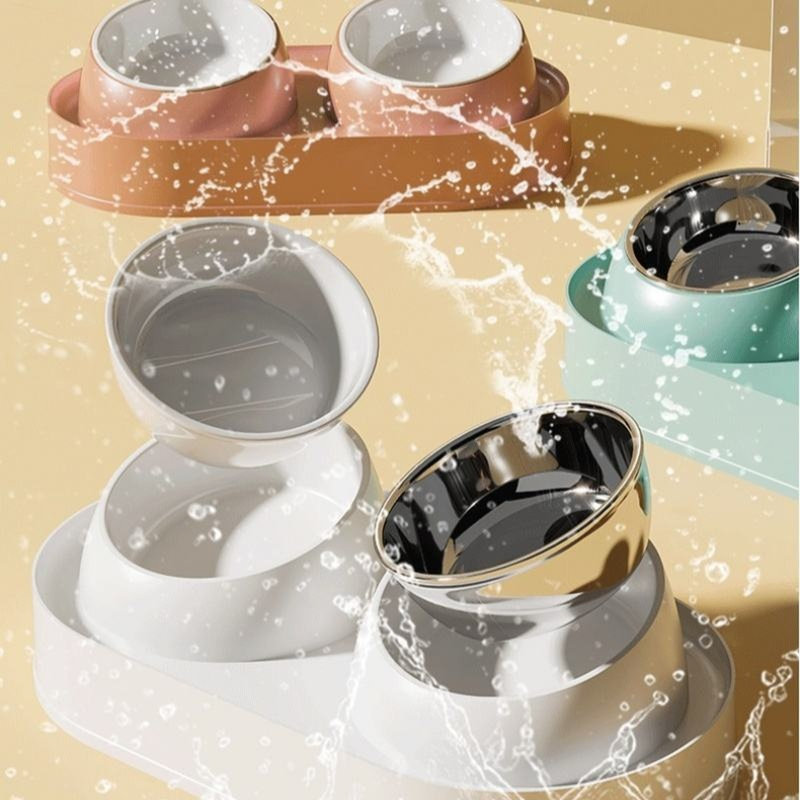 Ensemble de bols pour chat d'intérieur en acier inoxydable, support divisé pour animal de compagnie surélevé incliné à 10 ° avec base antidérapante pour petits animaux - rose