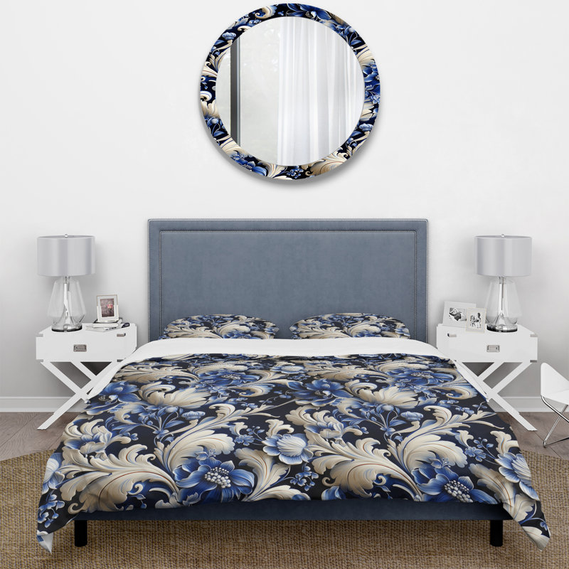 Cobalt Blue Lacework Scrolls Victorian Pattern III Floral Duvet Cover, Queen Duvet Cover + 2 Standard Shams