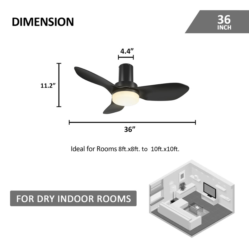 Ventilateurs de plafond encastrés à DEL 36 po à 3 pales avec lumières Elaise, Noir