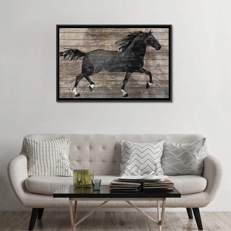 « barnwood cheval », impression sur toile, H 18 po x l 26 po x P 1,5 po, Toile avec cadre noir, Pas de tapis