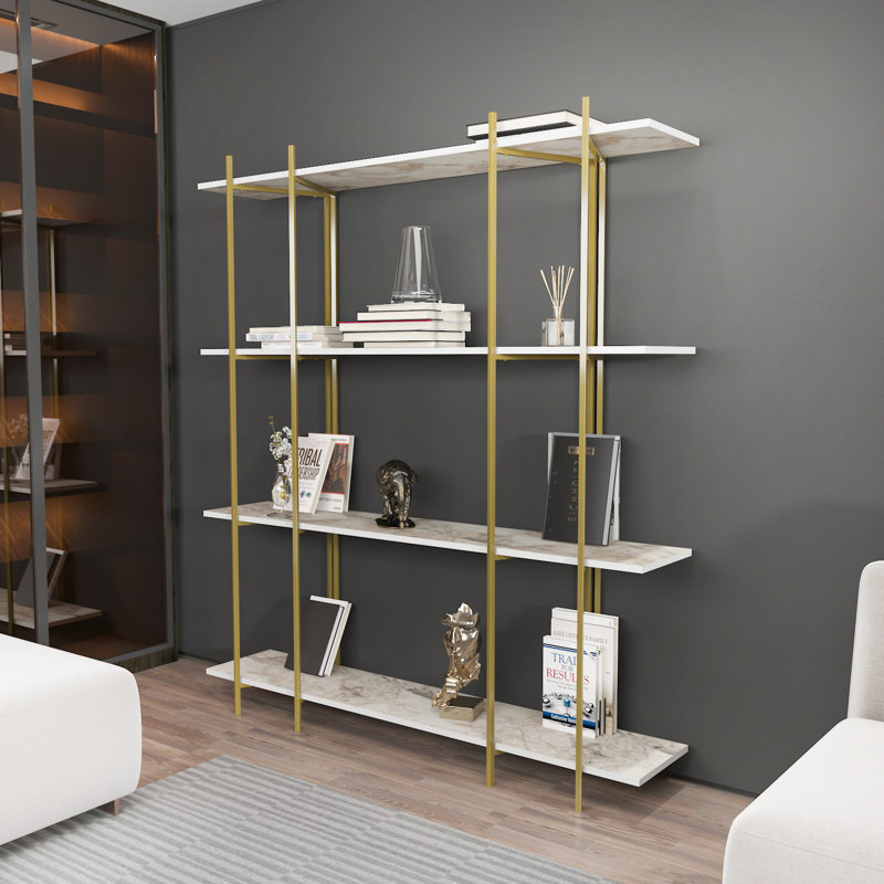 Bibliothèque Modern Glam, blanche et dorée, 63,0 x 70,9 x 11,6 pouces | 100% panneau de particules enduit de mélamine, épaisseur: 0,7 pouce | Design élégant en marbre, parfait pour le bureau à domicile et le rangement dans le salon