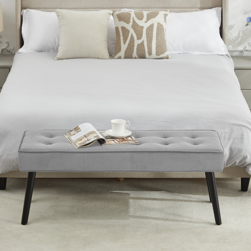Banc de hall d'entrée rembourré moderne de 44 po de largeur, Velours gris clair, H 17,7 po x l 44 po x P 16,1 po