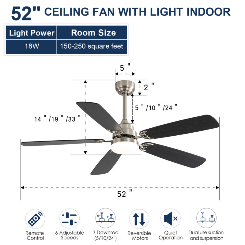 Modern 52 Inch Led Ceiling Fan With 110V 6 Speed Wind 5 Blades Remote Control Reversible DC Motor With Light, Black, Silver