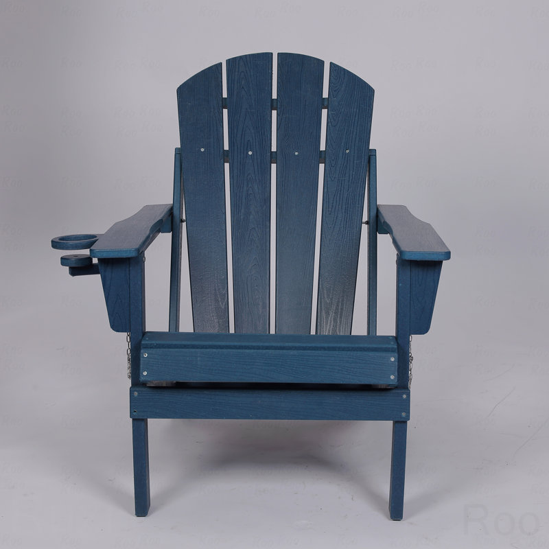 Outdoor Adirondack Chair, Foldable With Dual Cup Holder, Composite Material With Wood Texture, Navy Blue