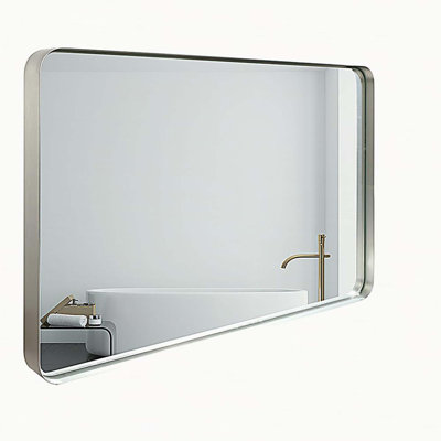 36x30inch Glossy Brushed Silver Rounded Corner Rectangle Wall Mirror For Bathroom Metal Frame Wall Mounted Bathroom Mirror Home Decor Corner Hangs Farmhouse Mirror(Horizontal & Vertical)