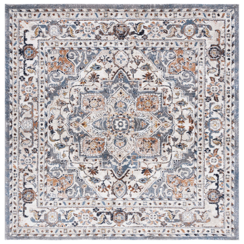 Gumm Oriental Machine-Woven Polypropylene Area Rug in Light Blue/White, Square 6'7"